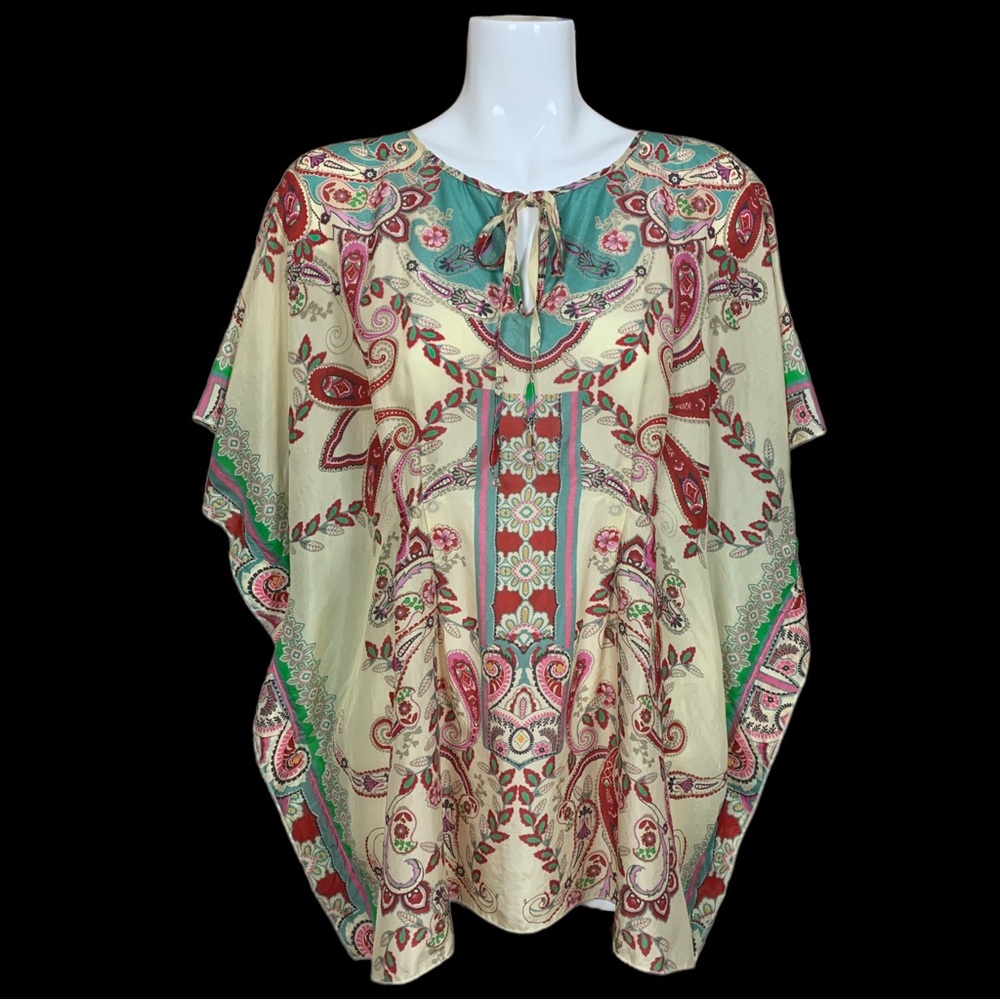 Johnny Was Yellow Bohemian Paisley Silk Pullover Tie Front Poncho Large